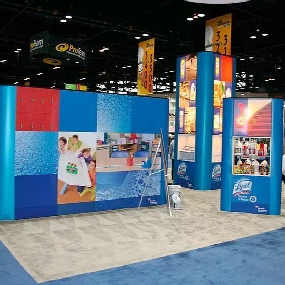 Branded trade-show booth and display shelves